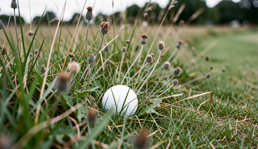 Golfbal ligt half verscholen tussen hoog ruw gras en distels aan de rand van een fairway