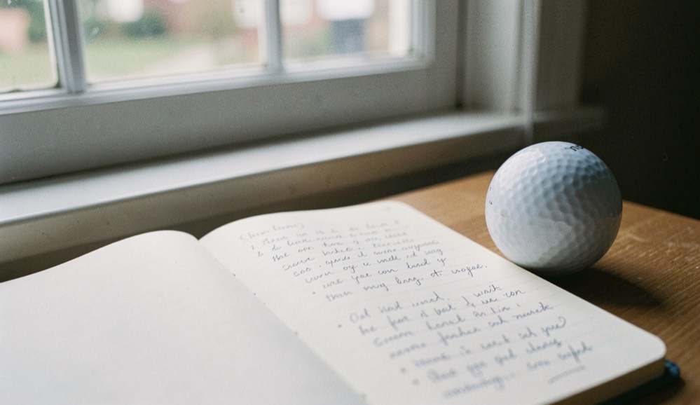Opengeslagen notitieboekje met handgeschreven golftermen naast een golfbal op een tafel bij een raam
