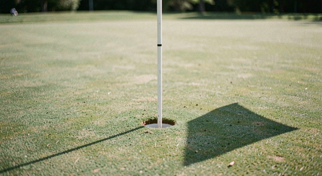 Vlaggenstok staat in de hole op een korte green, met de schaduw van de vlag over het gemaaide gras