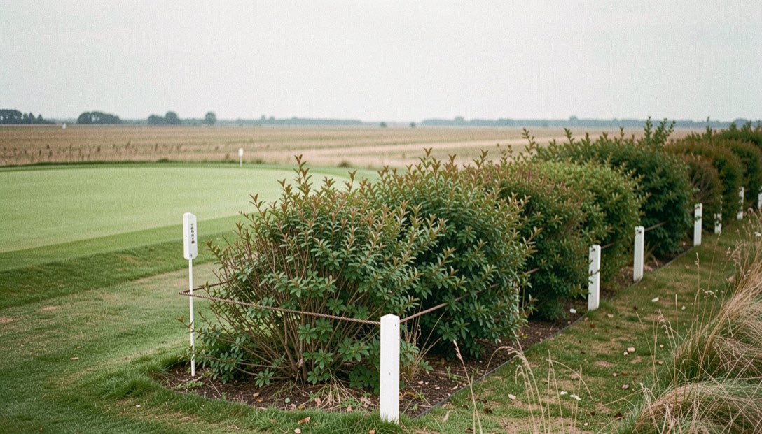 Witte paal markeert de grens van de baan achter een rij struiken, met de fairway links op de achtergrond