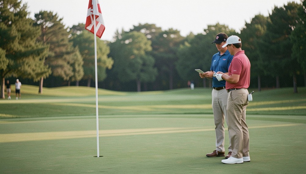 Een golfhandschoen en opgevouwen handdoek op de rand van een golfbag in de ochtendzon, scherp gesteld op de textuur van de handschoen, met een vage green op de achtergrond